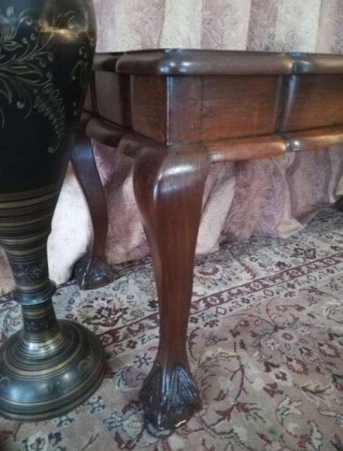 vintage scalloped edge Teak ball and claw coffee table w/ a tapestry under glass-Lifespace Sale