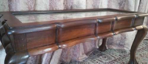 vintage scalloped edge Teak ball and claw coffee table w/ a tapestry under glass-Lifespace Sale