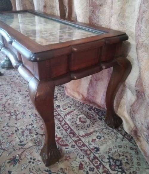 vintage scalloped edge Teak ball and claw coffee table w/ a tapestry under glass-Lifespace Sale