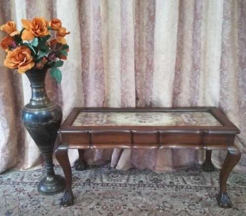 vintage scalloped edge Teak ball and claw coffee table w/ a tapestry under glass-Lifespace Sale