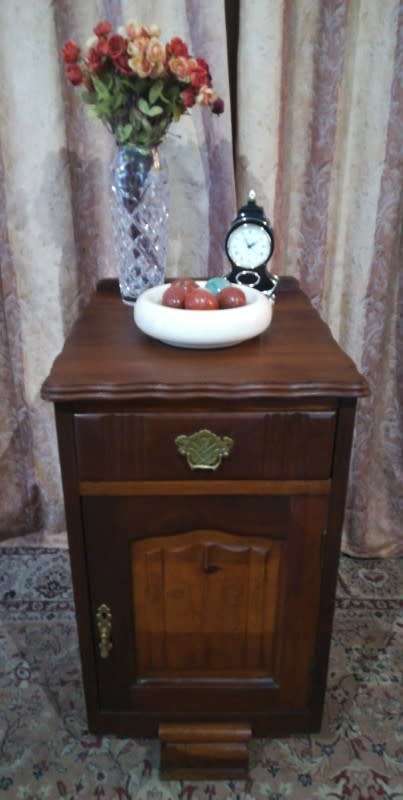 Vintage Imbuia single-door pedestal cabinet with a top drawer and brass handles-Lifespace Sale