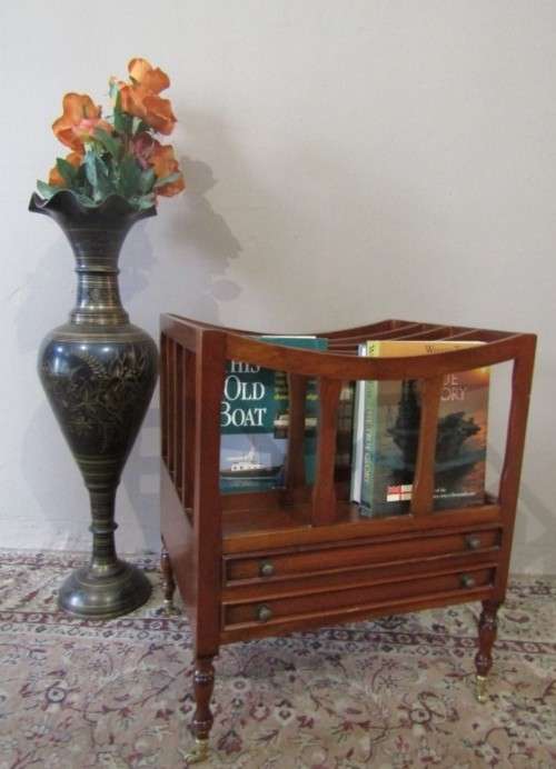 An exquisite vintage solidly made Canterbury magazine rack with 2 drawers on original castors!!