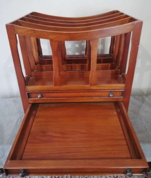 An exquisite vintage solidly made Canterbury magazine rack with 2 drawers on original castors!!