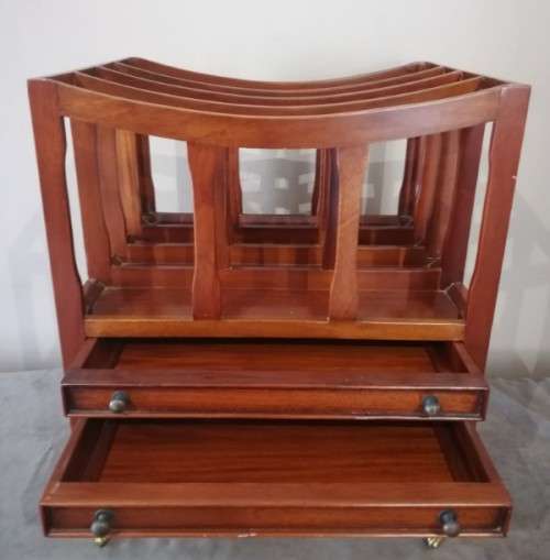 An exquisite vintage solidly made Canterbury magazine rack with 2 drawers on original castors!!