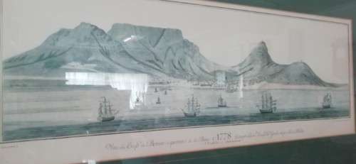 A  framed  glass vintage J H Sneider "Gezigt van der Kaap der Goede Hope 1778" print. Lifespace Sale