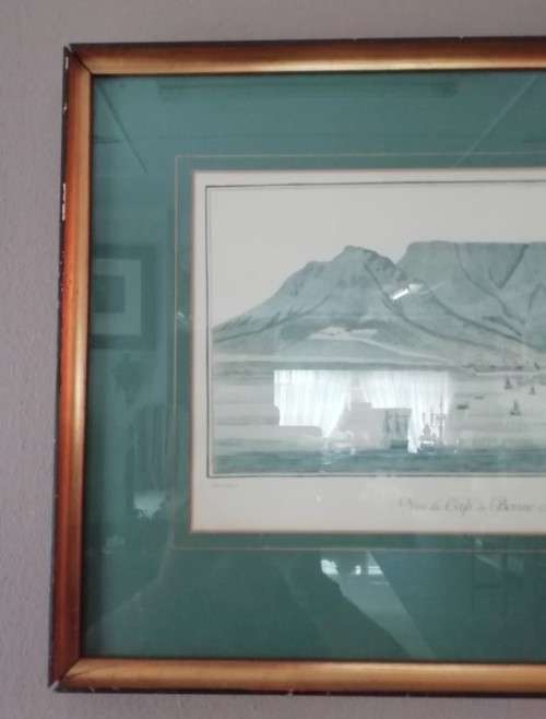 A  framed  glass vintage J H Sneider "Gezigt van der Kaap der Goede Hope 1778" print. Lifespace Sale