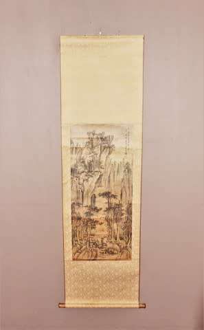 A wonderful Chinese hanging scroll landscape ink & watercolour painting on silk rice paper with case