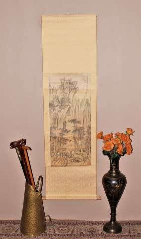 A wonderful Chinese hanging scroll landscape ink & watercolour painting on silk rice paper with case