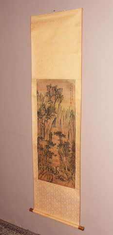 A wonderful Chinese hanging scroll landscape ink & watercolour painting on silk rice paper with case