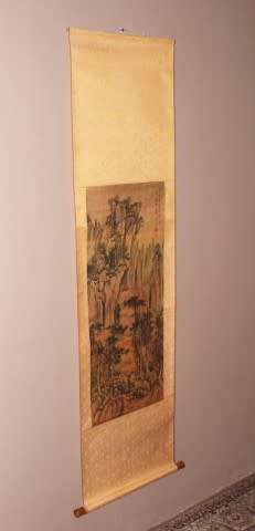 A wonderful Chinese hanging scroll landscape ink & watercolour painting on silk rice paper with case