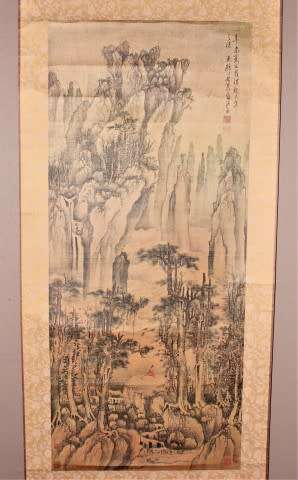 A wonderful Chinese hanging scroll landscape ink & watercolour painting on silk rice paper with case