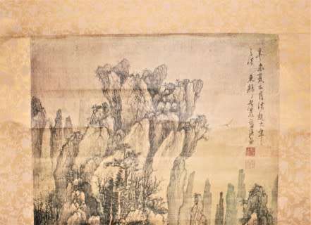 A wonderful Chinese hanging scroll landscape ink & watercolour painting on silk rice paper with case