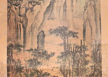 A wonderful Chinese hanging scroll landscape ink & watercolour painting on silk rice paper with case