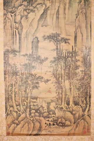 A wonderful Chinese hanging scroll landscape ink & watercolour painting on silk rice paper with case
