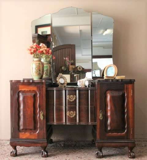 A vintage solid Imbuia ball & claw dressing table w 2 drawers, mirror & brass handles-Lifespace Sale