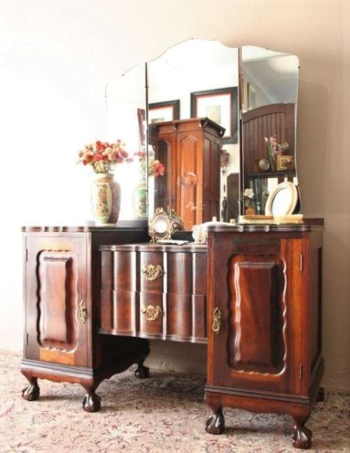 A vintage solid Imbuia ball & claw dressing table w 2 drawers, mirror & brass handles-Lifespace Sale