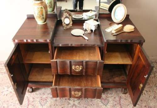A vintage solid Imbuia ball & claw dressing table w 2 drawers, mirror & brass handles-Lifespace Sale