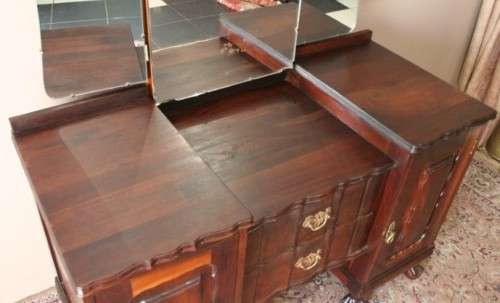 A vintage solid Imbuia ball & claw dressing table w 2 drawers, mirror & brass handles-Lifespace Sale