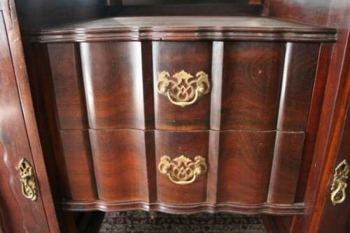 A vintage solid Imbuia ball & claw dressing table w 2 drawers, mirror & brass handles-Lifespace Sale