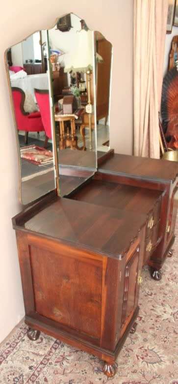 A vintage solid Imbuia ball & claw dressing table w 2 drawers, mirror & brass handles-Lifespace Sale