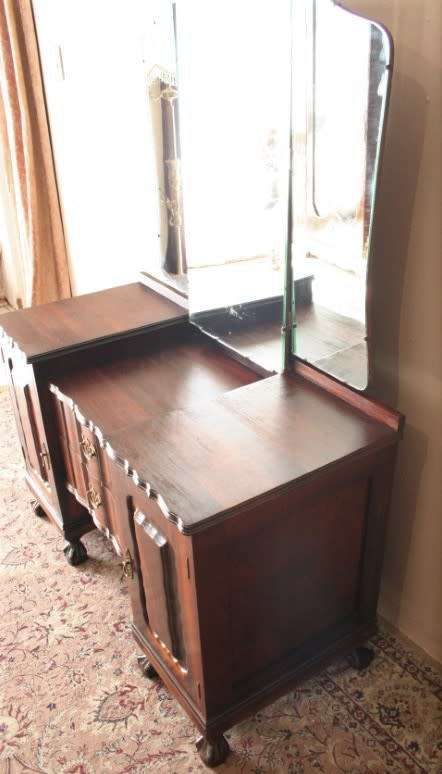 A vintage solid Imbuia ball & claw dressing table w 2 drawers, mirror & brass handles-Lifespace Sale