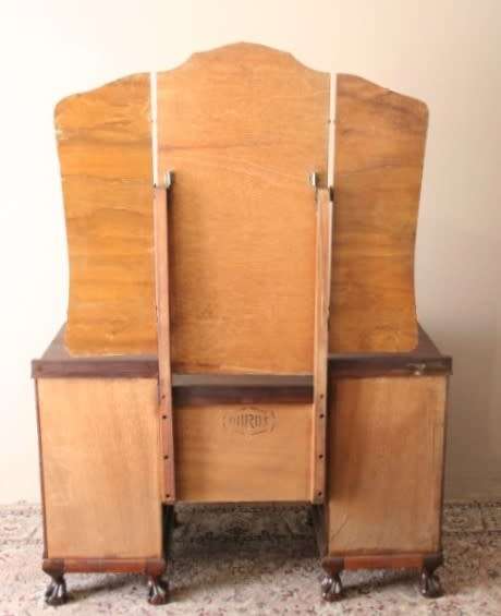 A vintage solid Imbuia ball & claw dressing table w 2 drawers, mirror & brass handles-Lifespace Sale
