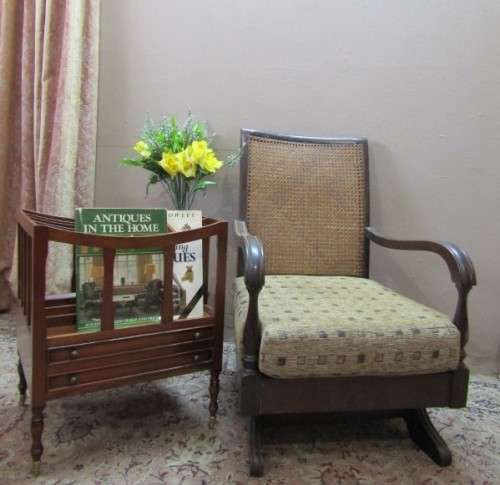 A gorgeous vintage Imbuia rattan backed rocking chair, fantastic in a sun room, patio, porch!!