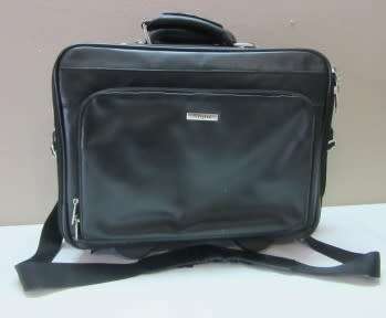 An awesome vintage black leather Laptop Trolley Bag suitcase on wheels.
