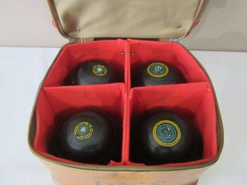 An awesome set of four South African "Henselite" bowling balls (super grip) in a carry bag size 6