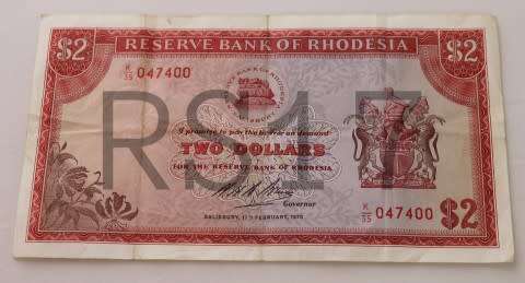 An awesome 1970 Rhodesian, Reserve Bank of Rhodesia, two dollars bank note! Lifespace Sale