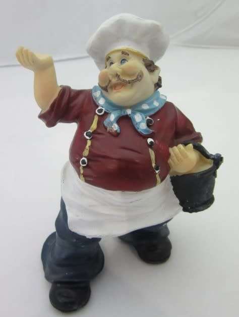 A magnificent hand crafted resin mold, hand painted chef statue with a bucket. Lifespace Sale