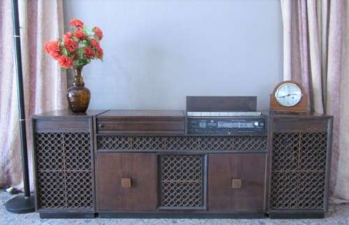 Retro 70s Omega music centre radiogram cabinet with side speakers, radio working-Lifespace Homeware