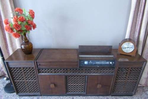 Retro 70s Omega music centre radiogram cabinet with side speakers, radio working-Lifespace Homeware