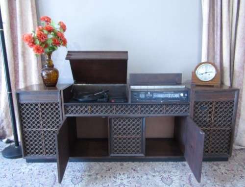 Retro 70s Omega music centre radiogram cabinet with side speakers, radio working-Lifespace Homeware