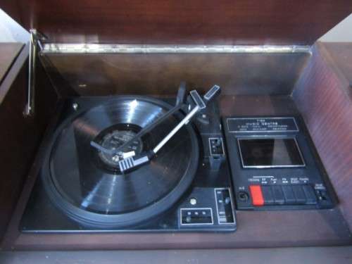 Retro 70s Omega music centre radiogram cabinet with side speakers, radio working-Lifespace Homeware