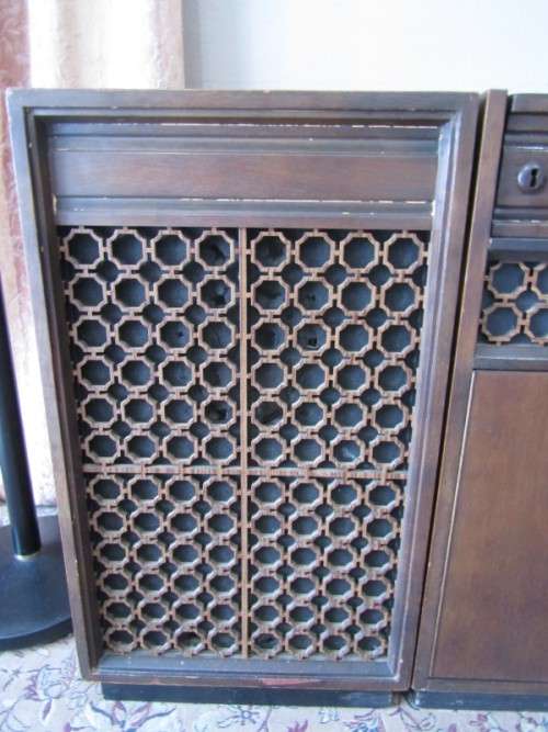 Retro 70s Omega music centre radiogram cabinet with side speakers, radio working-Lifespace Homeware