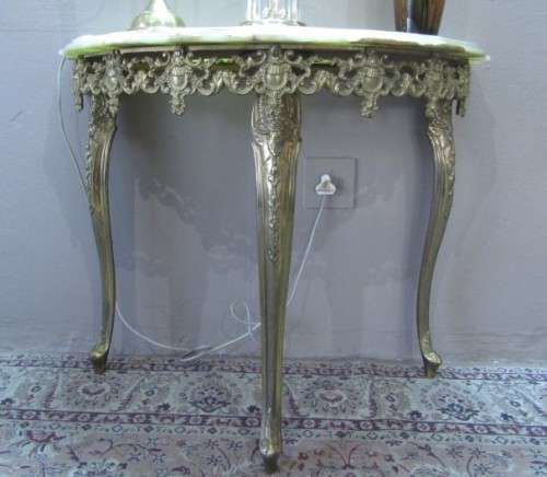 An exquisite moulded solid brass mirror & marble half moon table with ornate detailing. Wow!!!