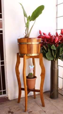 A superb vintage Teak double planter stand with a brass-ring bowl in wonderful condition.