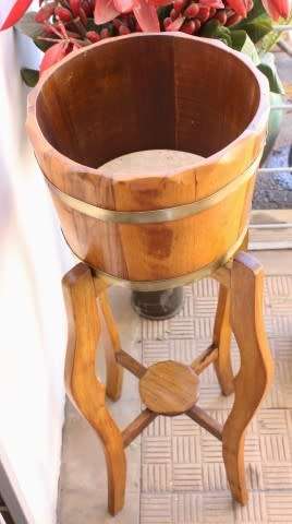 A superb vintage Teak double planter stand with a brass-ring bowl in wonderful condition.