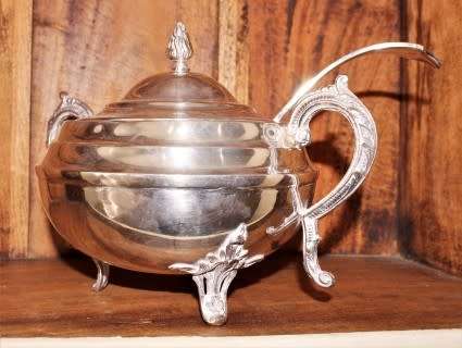 An gorgeous Seranco EPNS lidded soup tureen with large ladle, gorgeous!