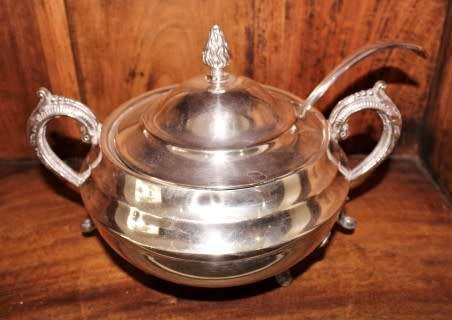 An gorgeous Seranco EPNS lidded soup tureen with large ladle, gorgeous!