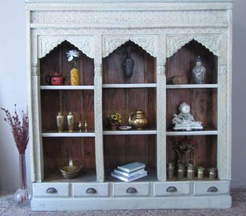 An large Indonesian shelved cabinet & amazing carved detailing and 5 bottom drawers-Lifespace Sale