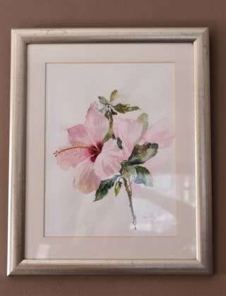 A very pretty watercolour painting of a pink hibiscus flower, gorgeous in any room!