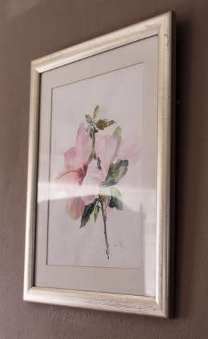 A very pretty watercolour painting of a pink hibiscus flower, gorgeous in any room!