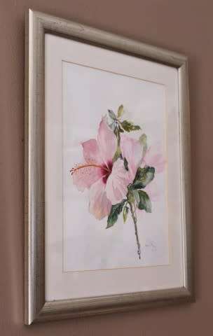 A very pretty watercolour painting of a pink hibiscus flower, gorgeous in any room!