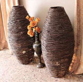 An amazing set of two large dark wicker floor lamps-Lifespace Sale