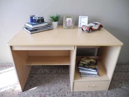 A modern melamine top desk with a pull out keyboard drawer. Lifespace Sale
