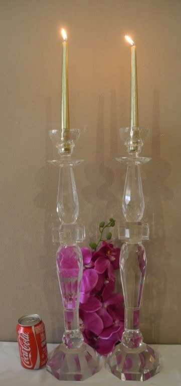 A stylish pair of 54cm tall lead cut-crystal single-candle candle stands. Lifespace Sale