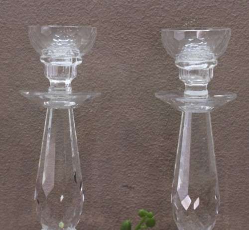 A stylish pair of 54cm tall lead cut-crystal single-candle candle stands. Lifespace Sale