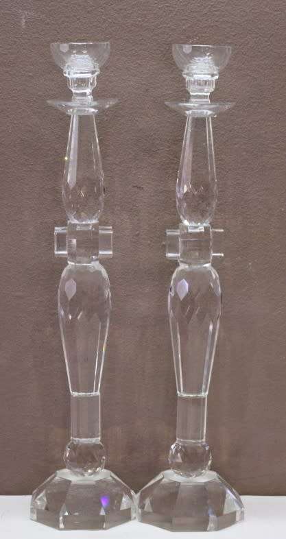 A stylish pair of 54cm tall lead cut-crystal single-candle candle stands. Lifespace Sale